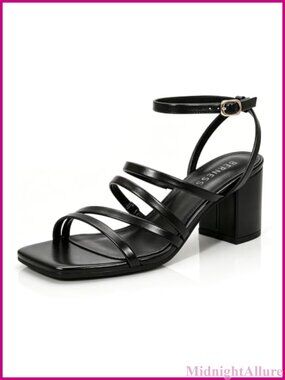 Faux Leather Chunky Block Heel Square Toe Ankle Strap Sandals